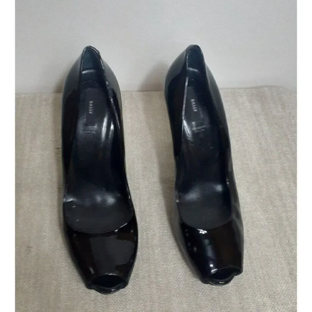 Bally Heels Patent Leather EDDI‎ Black Classic Peep Toe Platform  Italy Size 9.5